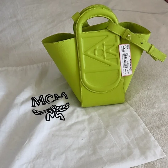 MCM Mini Mode Travia Leather Tote Neon Lime - Picture 1 of 7